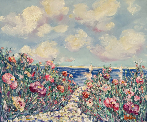 KADLIC Impressionist Flowers Seascape Original Oil Painting On Canvas 24x20