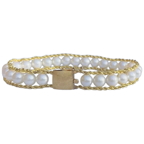 Vintage 14k Gold Twist Rope Cultured Pearl Retro Bracelet