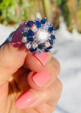 Vintage Estate 18k White Gold 6ct Sapphire G VS Diamond Cluster Cocktail Ring