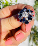 Vintage Estate 18k White Gold 6ct Sapphire G VS Diamond Cluster Cocktail Ring