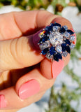 Vintage Estate 18k White Gold 6ct Sapphire G VS Diamond Cluster Cocktail Ring