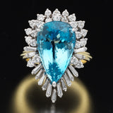 Vintage Estate 18k White Gold 11.35ct Pear Aquamarine Diamond Cocktail Ring