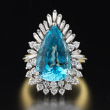 Vintage Estate 18k White Gold 11.35ct Pear Aquamarine Diamond Cocktail Ring