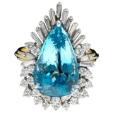 Vintage Estate 18k White Gold 11.35ct Pear Aquamarine Diamond Cocktail Ring