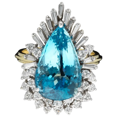 Vintage Estate 18k White Gold 11.35ct Pear Aquamarine Diamond Cocktail Ring