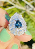 Vintage 14k Gold 3.29ct Blue Sapphire VS Diamond Baguette Engagement Ballerina Ring