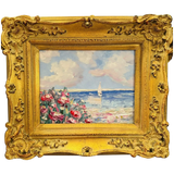 KADLIC Original Oil Painting Wildflowers Seascape Impasto Gold Gilt 15" Frame