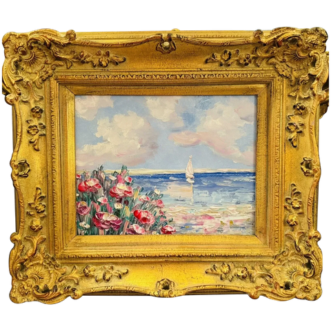 KADLIC Original Oil Painting Wildflowers Seascape Impasto Gold Gilt 15" Frame