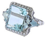 Retro Art Deco 1940s Vintage Platinum 25ct Aquamarine Diamond Cocktail Ring