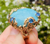 Vintage Heavy 1960s Retro 18k Gold Turquoise Sapphire Diamond Ring
