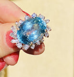 Vintage Estate 14k Gold Aquamarine 17.5ct Diamond Halo Cocktail Ring