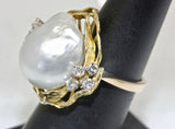 Vintage Estate Large 14k Gold Baroque Pearl G VS Diamond Cocktail Ring