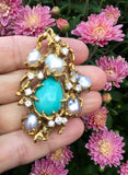 Arthur King 1970s Retro Diamond Pearl Turquoise 18k Gold Free Form Brooch RARE