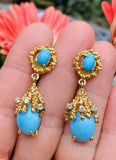 Retro Freeform Vintage Brutalist 14K Gold Turquoise Diamond Dangle Earrings