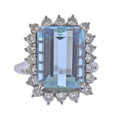 Vintage Retro Estate 18k White Gold 15ct Aquamarine Diamond Halo Cocktail Ring