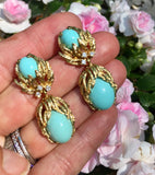 Estate 14k Gold Turquoise Cabochon Diamond Dangle Drop Earrings (Ring Available)
