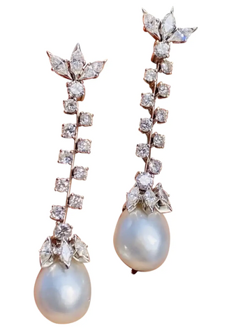 Vintage 1950s 14k Gold South Seas Pearl 3.0ct VS Diamond Dangle Pendant Earrings