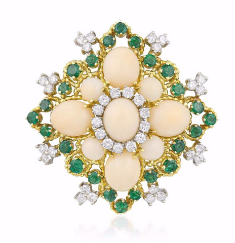 Vintage Heraldic 18K Gold Angel Skin Coral Emerald Diamond Brooch