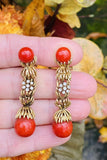 Vintage Estate 14K Gold Red Coral Diamond Dangle Drop Pendant Earrings