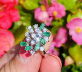 Vintage 1950s Estate Platinum 2ct Marquise Emerald Diamond Cluster Cocktail Ring