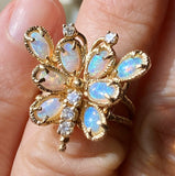 Vintage 1960s Estate 14k Yellow Gold Opal & Diamond Butterfly Cocktail Ring
