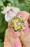 Vintage Retro Estate 14k Gold Large 5.57 Emerald Cut Citrine Midcentury Ring