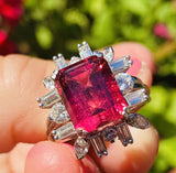 Vintage Estate 18k Gold Pink Red Tourmaline VS Diamond Halo Cocktail Ring