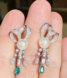Vintage 1950s 14k Gold 3ct Emerald Diamond Dangle Drop Pendant Earrings