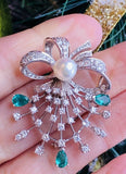 Vintage Estate 1950s 14k Gold G VS Diamond Emerald Pearl Necklace Pendant Brooch