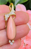 Vintage Estate 14k Gold Salmon Pink Coral Diamond Necklace Pendant