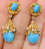 Retro Freeform Vintage Brutalist 14K Gold Turquoise Diamond Dangle Earrings
