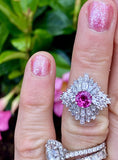 Vintage Platinum 2.50ct Pink Sapphire Diamond Baguette Cluster Ring