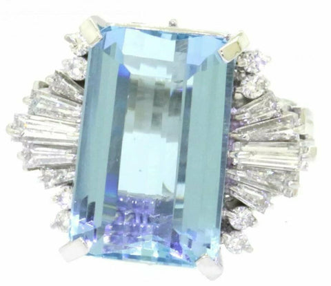 Estate Vintage Platinum 15ct Aquamarine G VS Diamond Ballerina Cocktail Ring