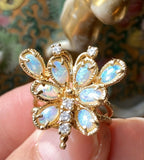 Vintage 1960s Estate 14k Yellow Gold Opal & Diamond Butterfly Cocktail Ring