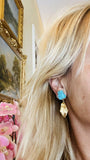 Vintage Retro Freeform 18k Gold Large Turquoise Dangle Drop Pendant Earrings 22g