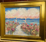 KADLIC Abstract Sunset Seascape Impasto Original Oil Painting Gold Frame 28”
