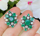 WOW Vintage Retro 1950s Estate 18k Gold 8.00ct Emerald Diamond Earrings