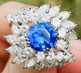 Vintage 1950s Platinum 5ct Blue Sapphire VS Diamond Marquise Halo Ballerina Ring