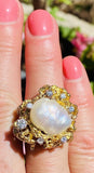 Vintage Estate Large 14k Gold Baroque Pearl G VS Diamond Cocktail Ring