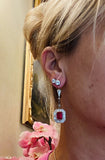 Vintage 18k Gold Synthetic Ruby VS Diamond Halo Dangle Drop Pendant Earrings