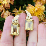 Vintage 1950s Retro Estate 18k Gold Emerald Cut Citrine Diamond Earrings