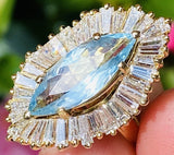 Vintage 18k Gold Aquamarine Ring-Dant Diamond Baguette Halo Ballerina Ring