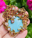 HUGE Vintage 1960s ARTHUR KING 18k Gold Diamond Turquoise Pearl Pendant Brooch