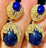 Vintage Estate Freeform 14k Gold Diamond Lapis Lazuli Pear Dangle Drop Earrings