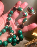 Maz 14k  Gold Green Malachite Beaded Strand Necklace Ruby Onyx Pendant
