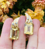 Vintage 1950s Retro Estate 18k Gold Emerald Cut Citrine Diamond Earrings