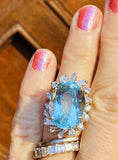 Vintage Estate 14k Gold Aquamarine 17.5ct Diamond Halo Cocktail Ring