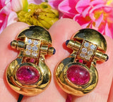 Vintage 18k Gold Pink Tourmaline Diamond Drop Clip Earrings
