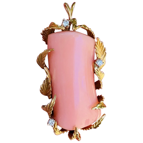 Vintage Estate Freeform 18k Gold Salmon Pink Coral Diamond Necklace Pendant