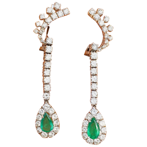 Vintage Estate 18k Gold 5.60ctw Emerald Diamond Halo Pear Dangle Drop Earrings